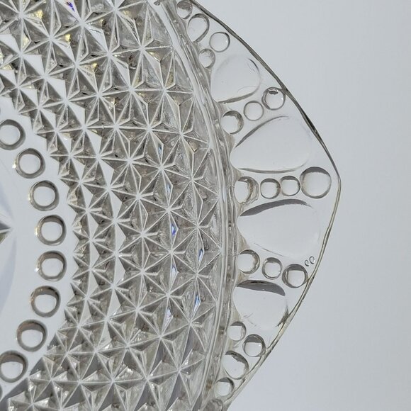 Vintage Handled Clear 10" Round Serving Bowl, Textured Triangles/Diamond & Dot - Picture 5 of 8